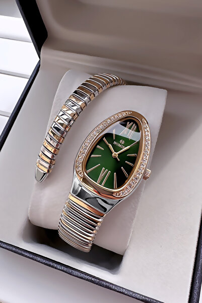 Homies Özel Kutulu Yılan Modeli Kadın Kol Saati Su Geçirmez iki Renk Çelik Kordon +Bileklik HMBY2049C3