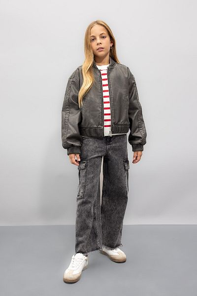 DeFacto Black Girls' Coat - Water Repellent, College Collar, Zip-Up and Double Pockets C5316A8/Bk27