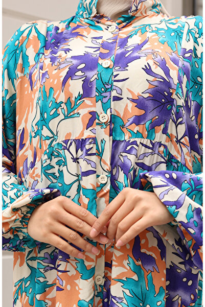 sefamerve Alaçatı Desen Düğmeli Elbise 2021-02 Mor Yeşil