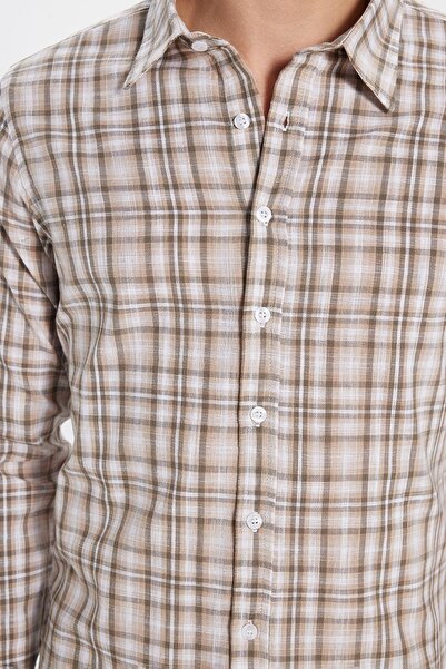 Tudors Men's Slim Fit Slim Fit 100% Cotton Linen Texture Checkered Shirt