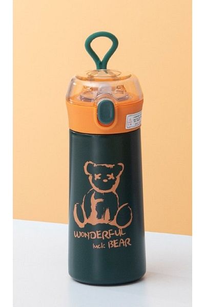 Limmy Steel Flask - Silicone Straw Teddy Bear Water Bottle (Green)