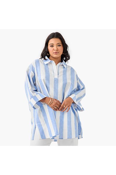 Ulla Popken Plus Size Ulla Popken Striped Linen Top with Collar and Long Sleeves