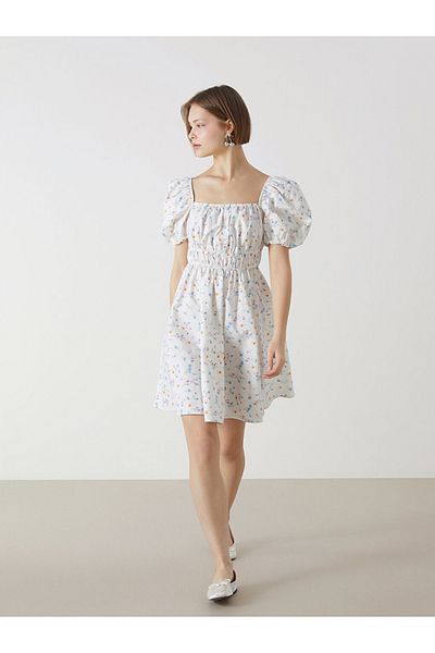 LC Waikiki Γυναικείο φόρεμα εκρού τετράγωνο γιακά Floral Poplin