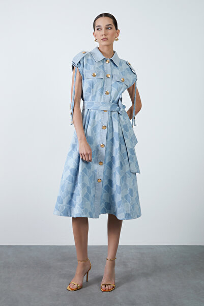 4G GIZIA Gold Düğme Detaylı Kuşaklı Patchwork Mavi Midi Elbise