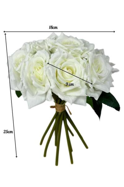 Nettenevime Yapay Çiçek Beyaz Gül 10lu Demet Gelin Çiçeği Buketi Masa Üstü Vazo Çiçeği 25cm