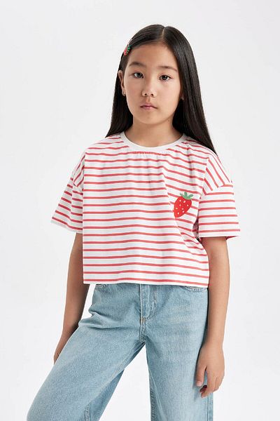 DeFacto Girl's Crew Neck Striped Short Sleeve T-Shirt C4508A824SM