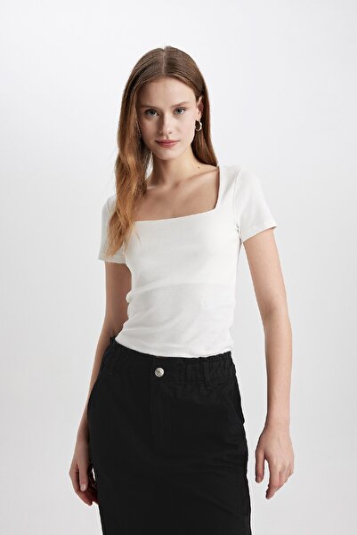 DeFacto Tricou cu mânecă scurtă, cu guler pătrat, slim fit, cu mânecă scurtă C4728ax24sp