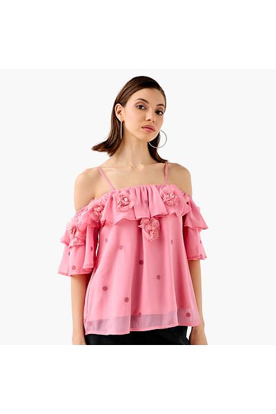 2Xtremz Floral Accent Off Shoulder Top With Ruffles