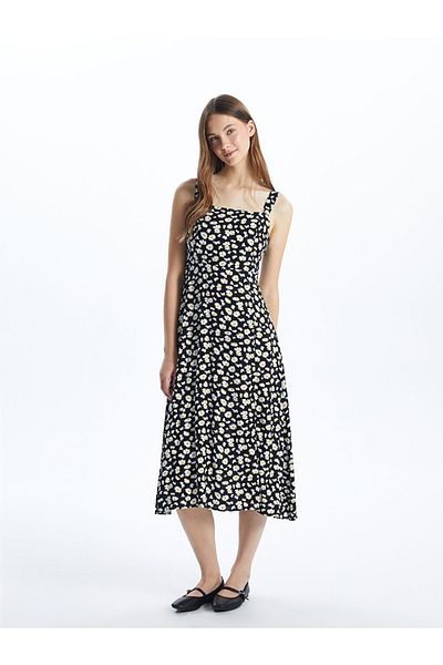 LC Waikiki Black Square Collar Floral Women's Dress