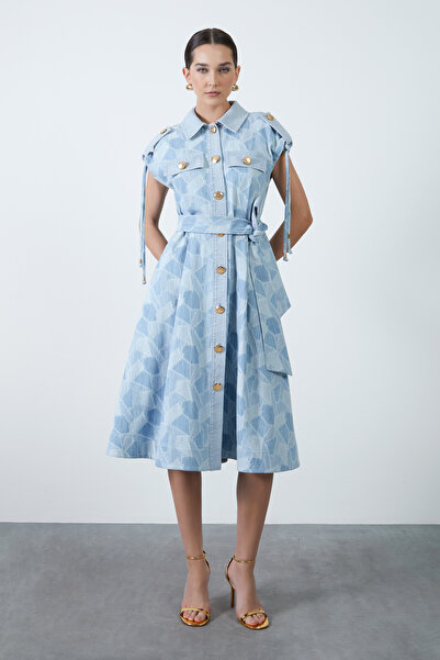 4G GIZIA Gold Düğme Detaylı Kuşaklı Patchwork Mavi Midi Elbise