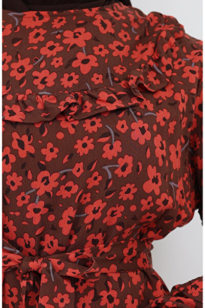 sefamerve Viskon Kumaş Fırfırlı Elbise 2003-03 Kahverengi