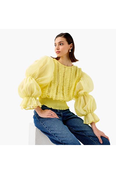 2Xtremz Ruffle Detail Top With Round Neck And Long Sleeves