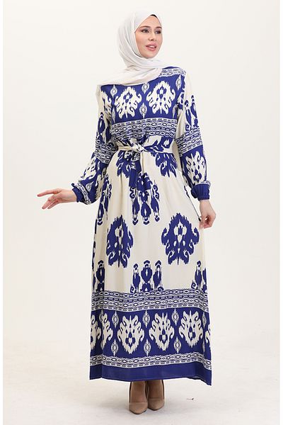 sefamerve Φόρεμα βισκόζης με σχέδιο - Indigo Beige 0006-06