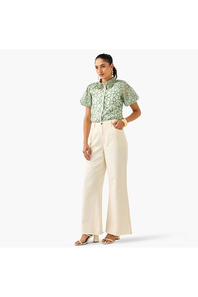 2Xtremz Floral Embroidered Shirt With Button Closure And Puff Sleeves