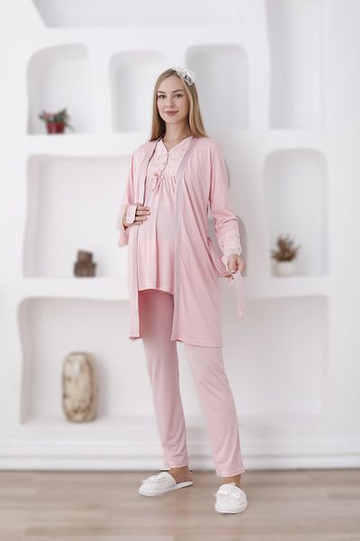 LOHOUSE Women's Powder Lace Design Maternity 3-Piece Pajama Set