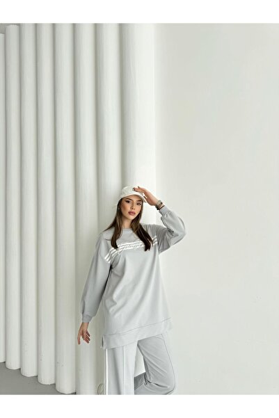 Basicpark Painted Gray Women's Crew Neck Embroidered Stripe Detailed Cotton Knitted Bottom Top Set