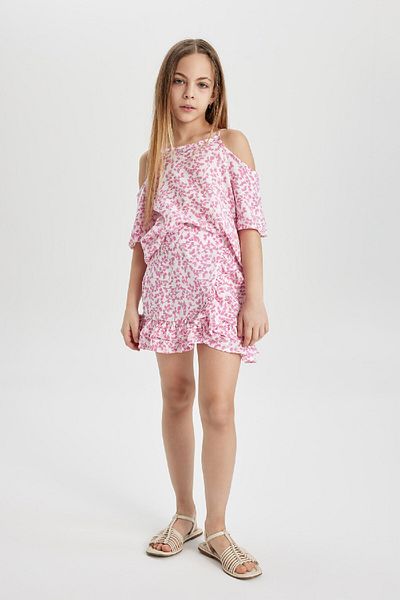 DeFacto Patterned 2-Piece Set for Girls - Short Sleeve Blouse and Elastic Skirt C3812A824Sp