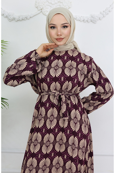 sefamerve Φόρεμα με ζώνη με υφασμάτινο σχέδιο βισκόζης 2008-01 Μωβ