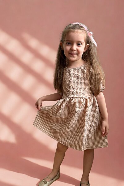 Kübra Tekstil Рокля за бебе момиче с къс ръкав и карирана яка, текстурирана с каишка, детска рокля