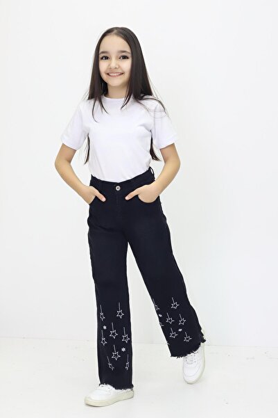 RAPİDO LİFE Kız Çocuk Bol Paça Yıldız Nakış İşlemeli Jeans Kot Pantolon Saçaklı Paça Detaylı (6-12 Yaş Arası)