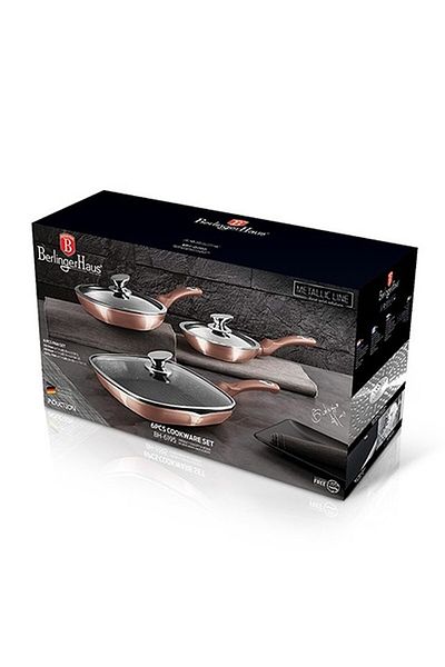 Berlinger Set of 6 Rosegold Metallic Line pans with marble surface