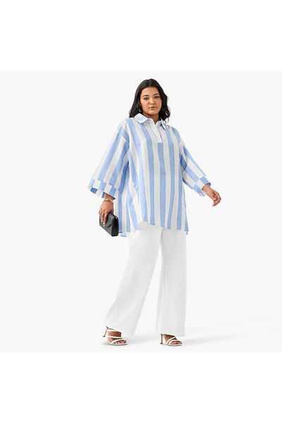 Ulla Popken Plus Size Ulla Popken Striped Linen Top with Collar and Long Sleeves