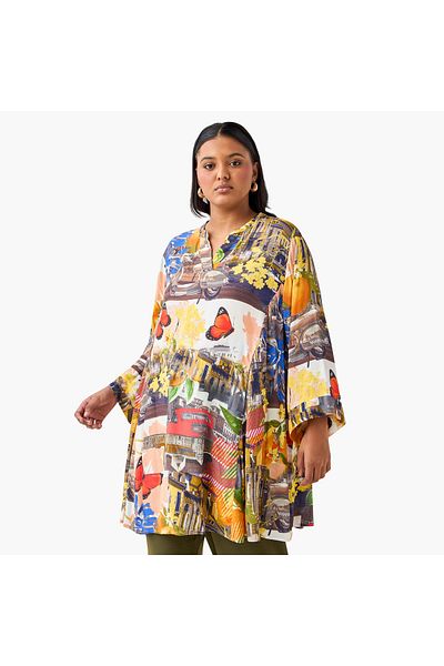 Ulla Popken Plus Size Ulla Popken Graphic Print Top with Mandarin Neck and 3/4 Sleeves