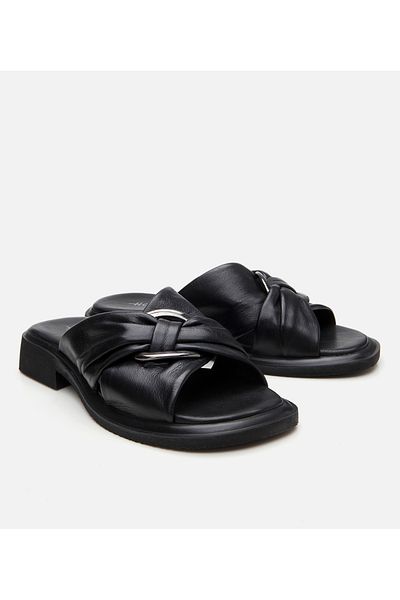 Hotiç Women's Leather Black Buckle Flat Slippers