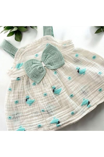 MBK GARDEN Flamingo Patterned Muslin Baby Girl Dress with Straps and Bow - 100% Cotton 3/24 Months