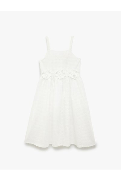 Koton White Girls' Cotton Brode Detailed Pleated Strap Dress