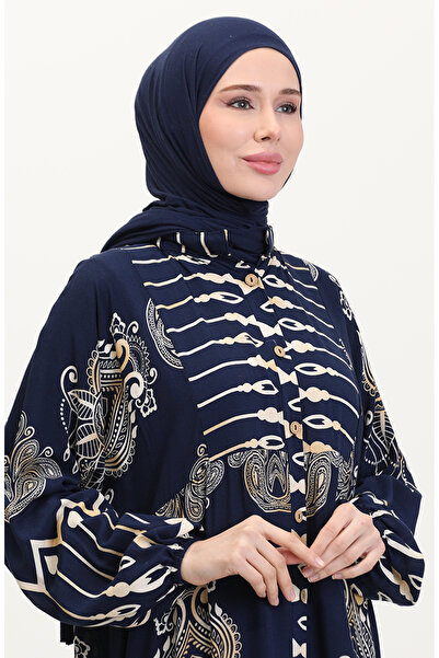 sefamerve Viscose Fabric Patterned Buttoned Dress 2014-03 Navy Blue