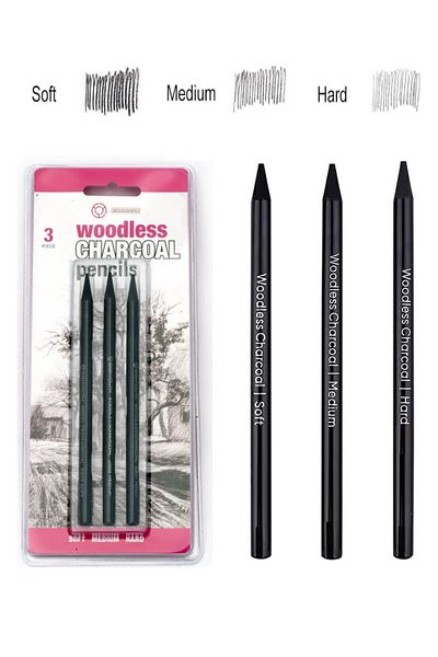 GLANCE Charcoal Pencil Set Professional 3 Pcs Hard/Medium/Soft Woodless Set