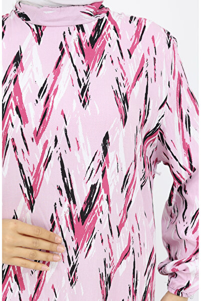 sefamerve Φόρεμα με μοτίβο από ύφασμα βισκόζης Dusty Rose με ελαστικό μανίκι