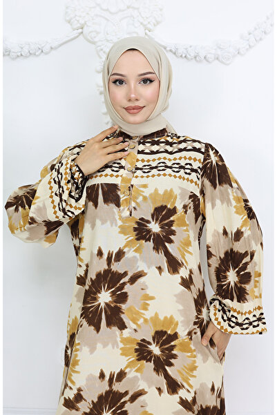 sefamerve White Mink Fabric Patterned Buttoned Dress 2001-01