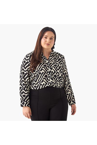 Ulla Popken Plus Size Ulla Popken Printed Shirt with Collar and Long Sleeves