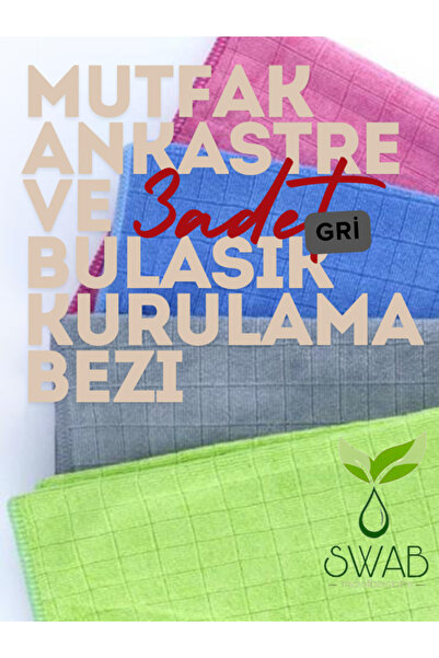 Swab (3 ADET GRİ) Mikrofiber Kareli Mutfak Ankastre Ve Mobilya Temizlik Bezi 40*40