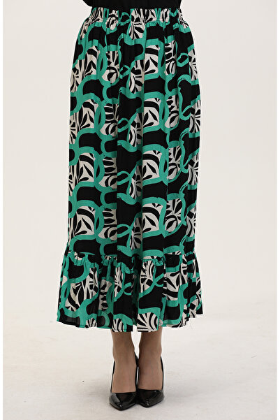 sefamerve Black Green Viscose Fabric Waist - Elastic Ruffle Skirt 2012P-02