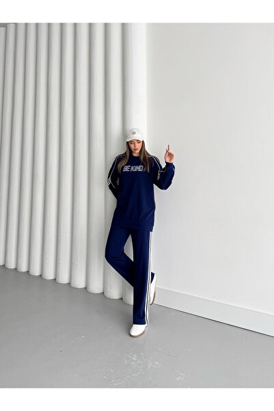 Basicpark Navy Blue Women's Sleeve Pants Stripe Detailed Front Size Embroidery Embroidered Cotton Knitted Bottom Top Set