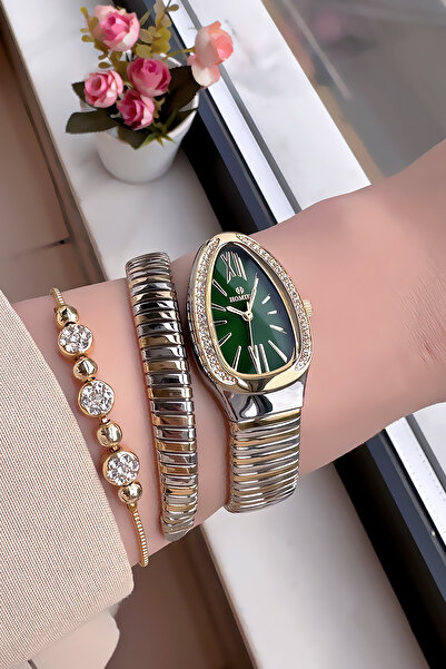 Homies ساعة يد نسائية 3 ATM مقاومة للماء باللون الذهبي والأخضر وسوار فولاذي +...