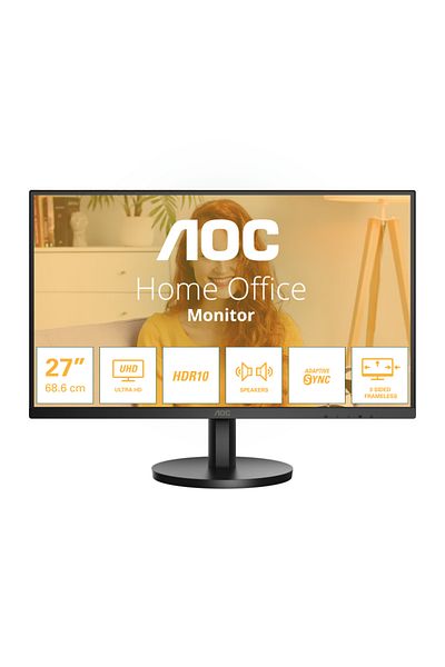 Aoc Monitor AOC, 27 inch, IPS, 4K, UHD, 60Hz, 4ms, HDR10, Boxe 2W x 2, HDMI, DisplayPort, U27B3A, Negru