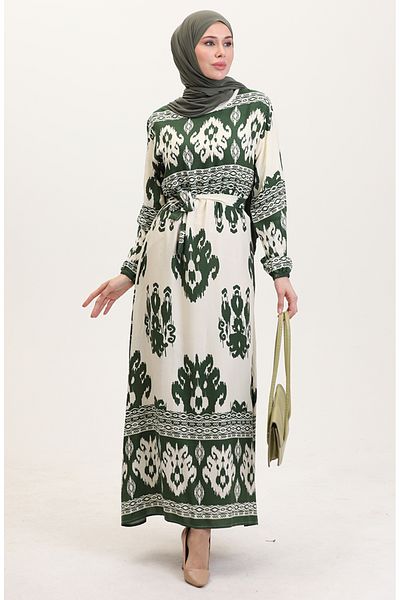 sefamerve Φόρεμα βισκόζης με σχέδια - 0006-05 Emerald Beige