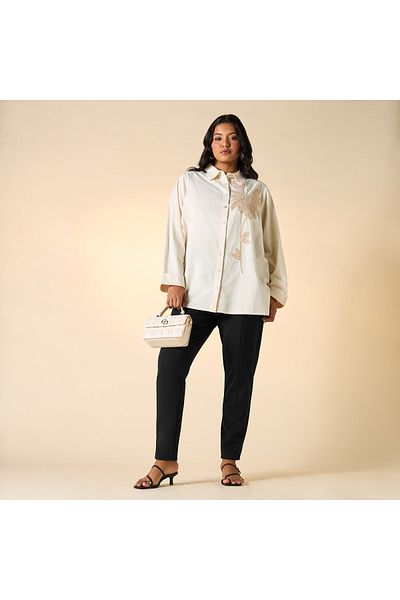 Ulla Popken Plus Size Ulla Popken Embroidered Shirt with Collar and Long Sleeves