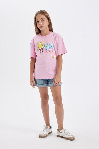 DeFacto Κοριτσίστικο μπλουζάκι με λαιμόκοψη Spongebob Crew Relax Fit C4829a824sm