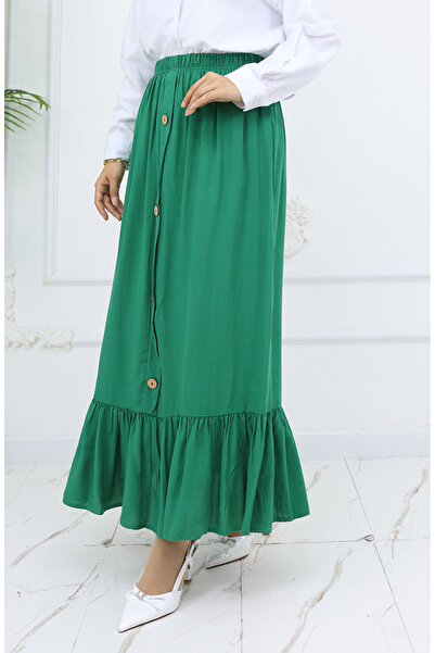 sefamerve Viscose Fabric Buttoned Skirt with Elastic Waist 2011-04 Emerald Green