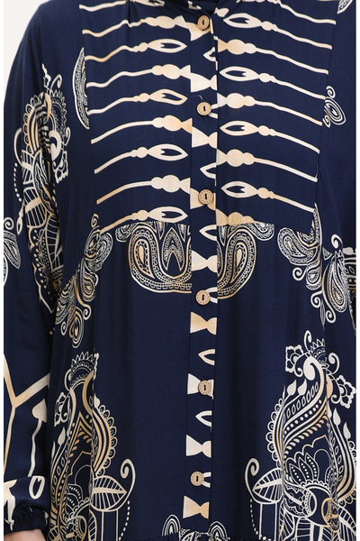 sefamerve Viscose Fabric Patterned Buttoned Dress 2014-03 Navy Blue