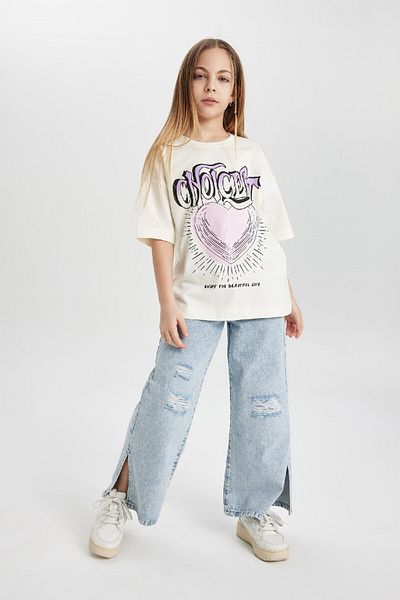 DeFacto Girls Oversize Wide Fit Crew Neck Printed Short Sleeve T-Shirt C4941A824Sm