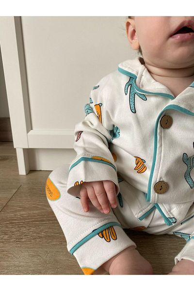 Minizade Set de pijamale unisex din 2 piese din țesătură moale din bumbac 100% cu guler pentru bebeluși cu tematică cactus