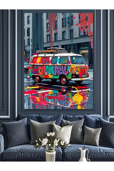 Tablomega Πολύχρωμο Minibus Art Διακοσμητικός Καμβάς - Ξύλινος Πίνακας MDF