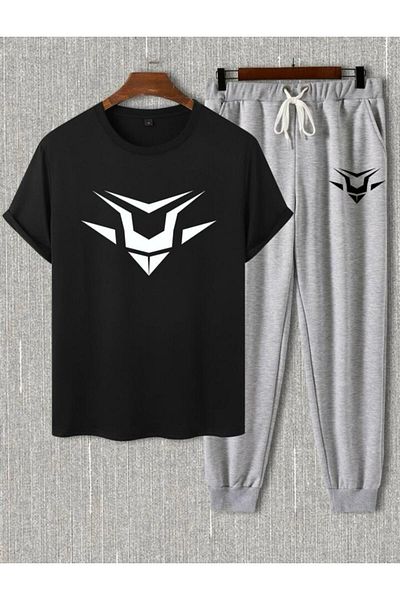 SKYLİGHT Black Oversize Special Design Printed Crew Neck T-Shirt - Gray Jogger Sweatpants Set