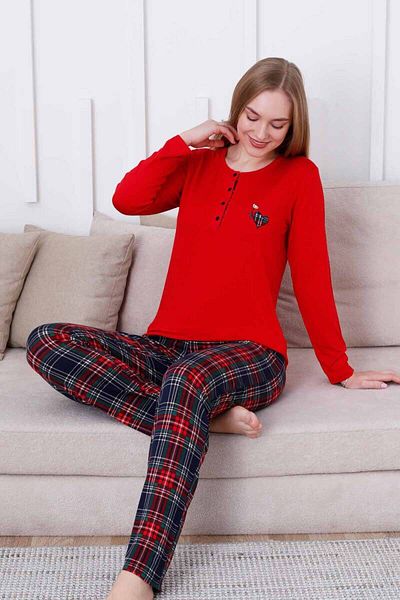 ALİMER Red Plaid Women's Long Sleeve Pajamas Set - Lycra Viscose 2835Uy